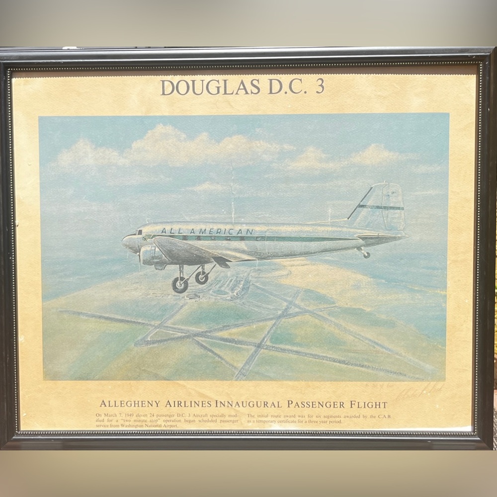 Rare Allegheny Airlines Douglas DC-3 Innaugural Passanger Flight Signed Print